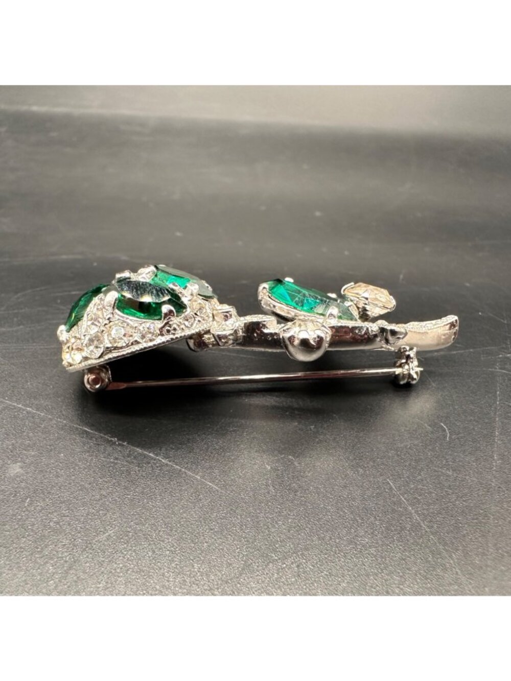 Vintage Eisenberg Ice Floral Brooch Pin Green Clear Rhinestone Silver Tone Retro - Picture 4 of 12